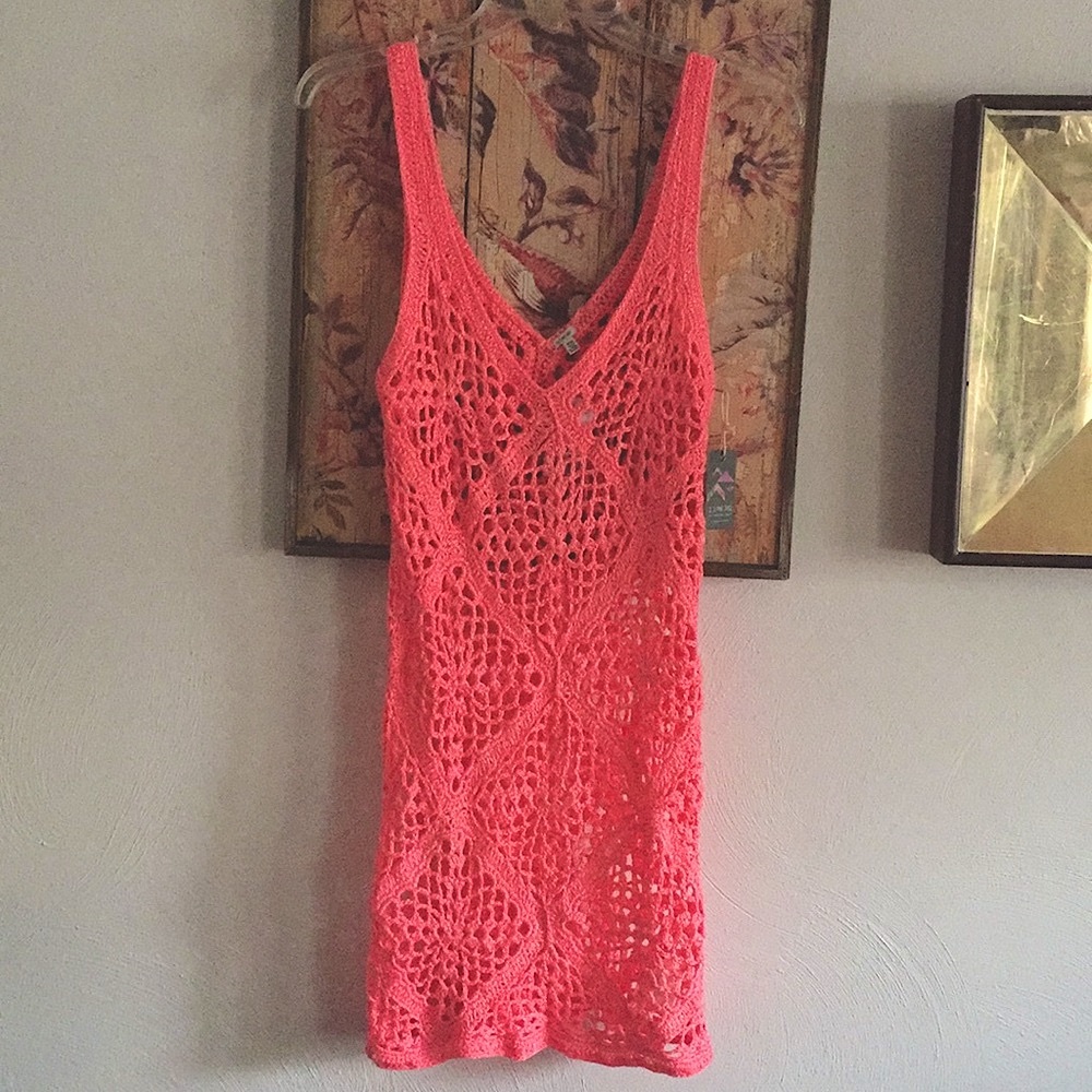 F21 HERITAGE STRETCH BOHO CROCHET HOT PINK DRESS M